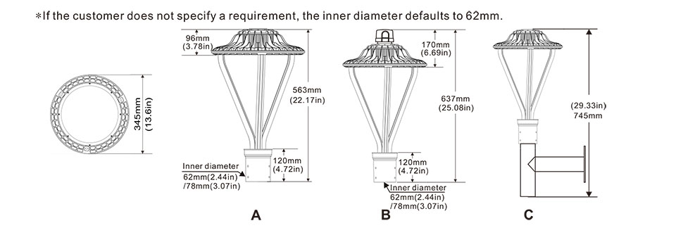 Post Top Lamp IP67 30W dimension