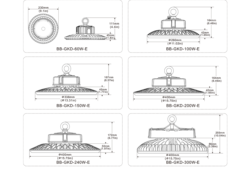 150W LED UFO High Bay dimension