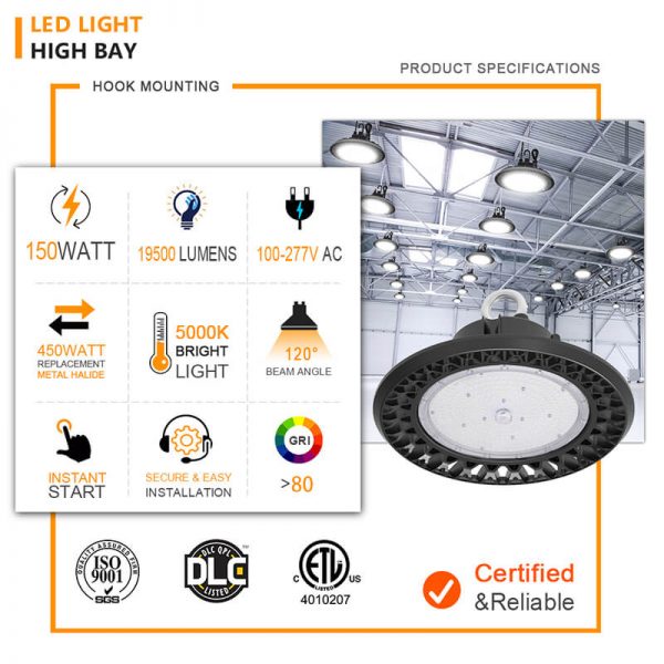 150w Led Ufo High Bay Ip65 19,500lm 5700k With Ring Mounted Black Finish For Warehouse Lighting (1)