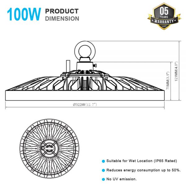 Ufo High Bay Led 100w 14000lm Ip65 5000k Ac100 277v 120° Beam Angle With Etl Dlc Listed For Warehouse (10)