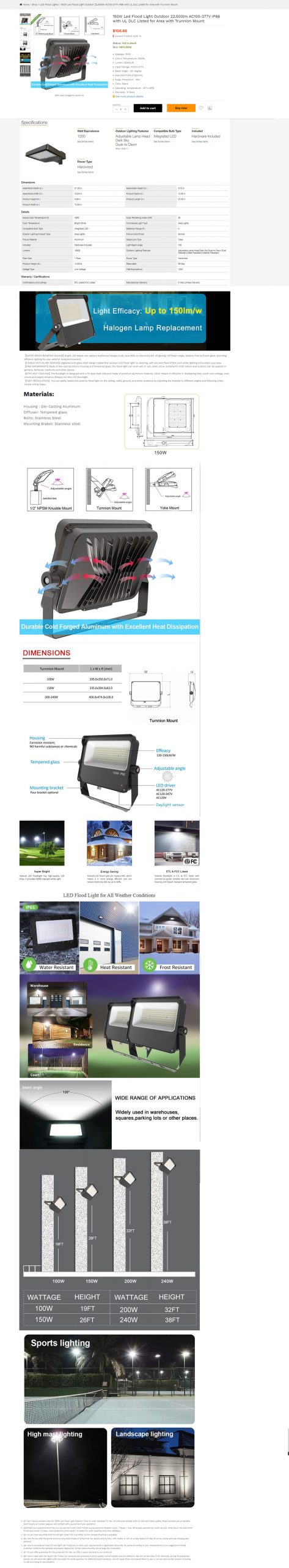 150w Led Flood Light Outdoor 22,500lm Ac100 277v Ip66 With Ul Dlc Listed For Area With Trunnion Mount