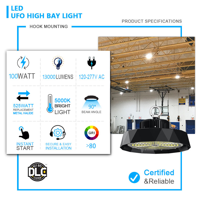 Ufo High Bay 100w150w200w Tunnable 13000 26000lm 5000k 90° Beam Angle Ac100 277v With Dlc Certisfication (8)