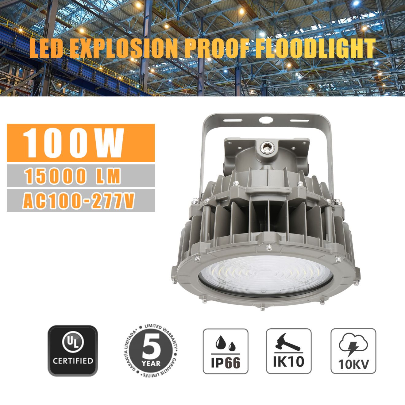 Ex Proof Lighting 100W 15,500 Lumens AC120-277V 5000K IP66 C1D2 ETL UL ...