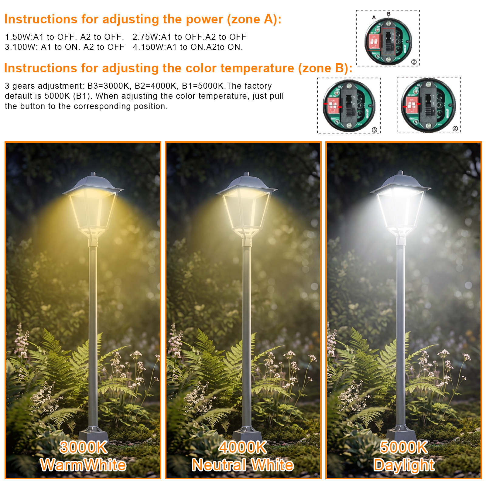25w 30w 50w 75w All In One Post Top Area Light Ac100 277v Cct Adjustable 3000k4000k5000k White Finish With Etl Listed For Garden (3)