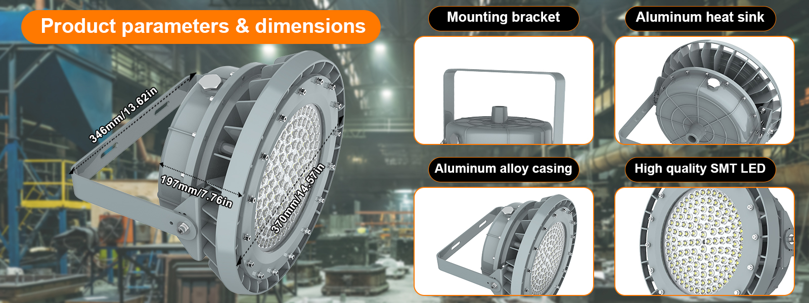 Industrial High Bay Lighting Fixtures 150w Ac100 277v 5000k Dimmable 21000lm Ip66 With Etl Ul Listed For Hazardous Areas (7)
